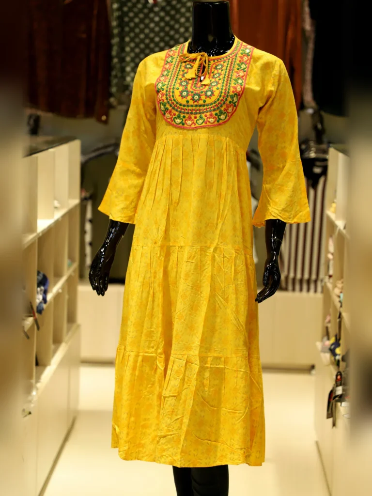 Yellow Tiered Kurtha with Embroidered Yoke