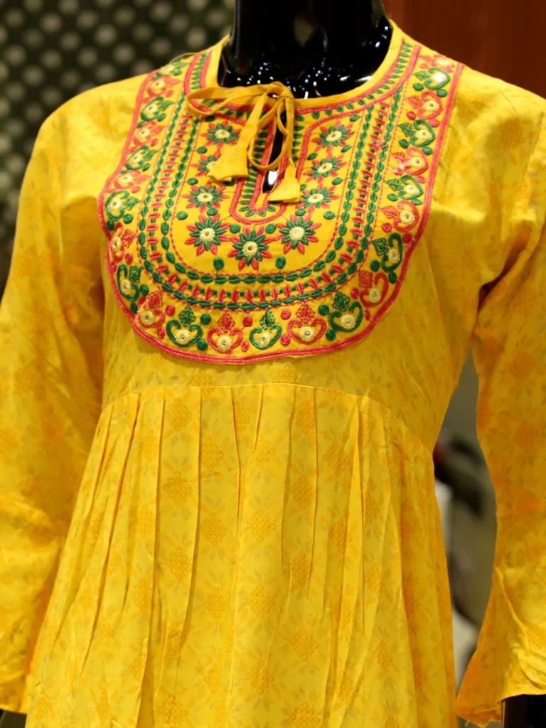 Yellow Tiered Kurtha with Embroidered Yoke